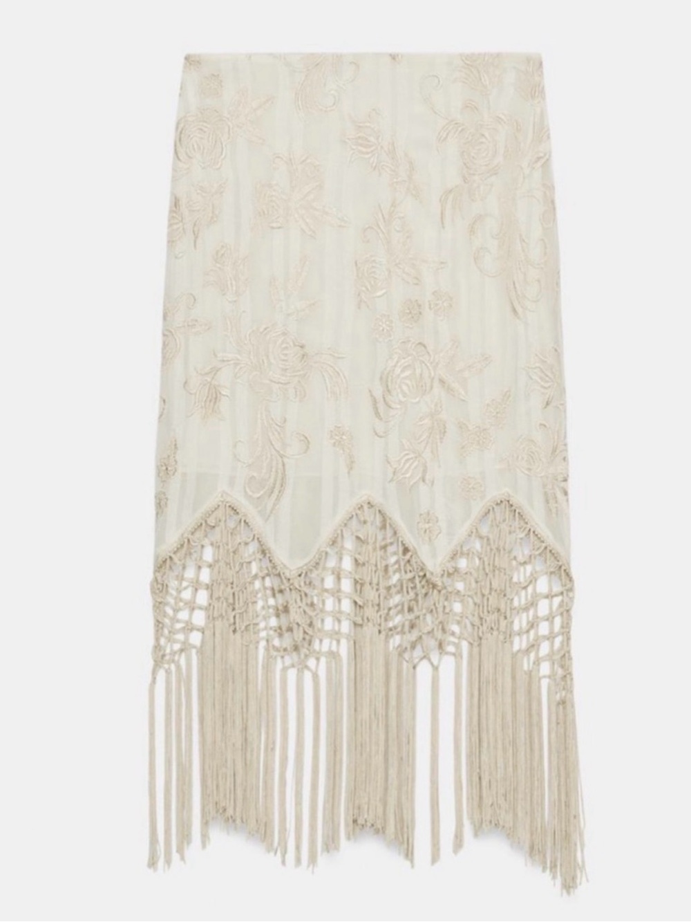 Zara Cream Floral Embroidered Midi Skirt with Fringe Hem